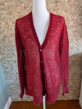 J. Jill Red Mohair Wool Blend Sheer Cardigan Sweater Sz M Academia Quiet Luxury